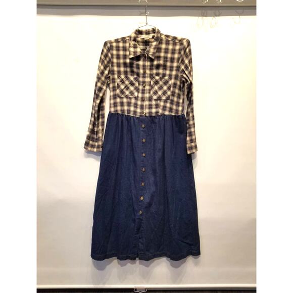 Vintage 90s Western Style Flannel Denim Dress Plaid Check Rodeo Style Size M - Picture 2 of 12